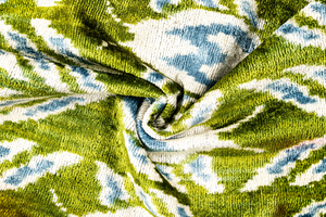 Handmade 16x16 Velvet Throw Pillow – Green, Blue, and White Ikat Pattern with Down Insert for Boho-Chic Deco
