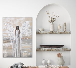 "Embracing Peace" GICLEE PRINT, Angel Painting, Modern Neutral Guardian Angel