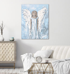 "Love's Angel" GICLEE PRINT, Angel Painting, Light Blue Grey White Guardian Angel