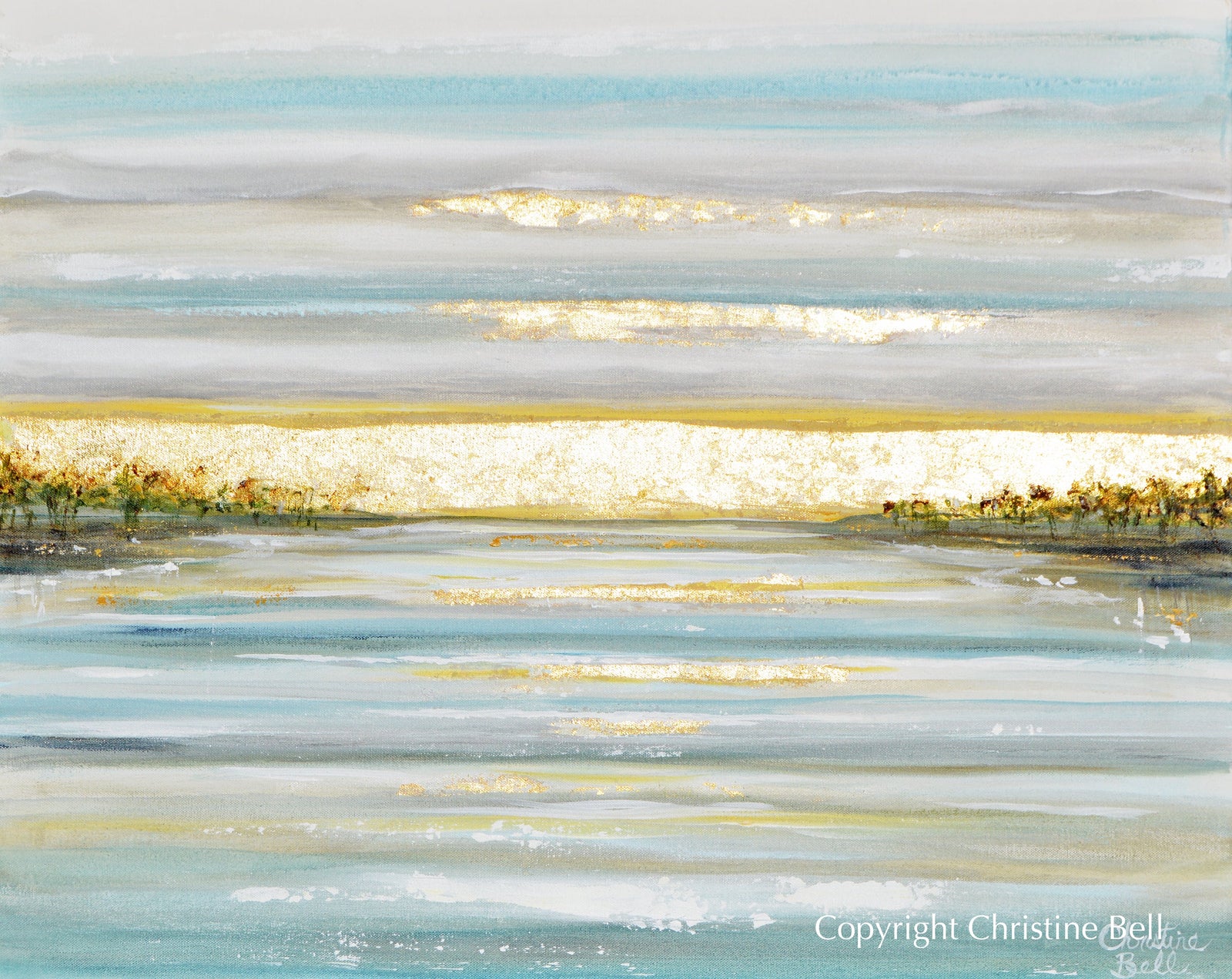 "Morning's First Light" GICLEE PRINT Art Coastal Abstract Painting Seascape Sunrise Ocean Lake Gold Leaf