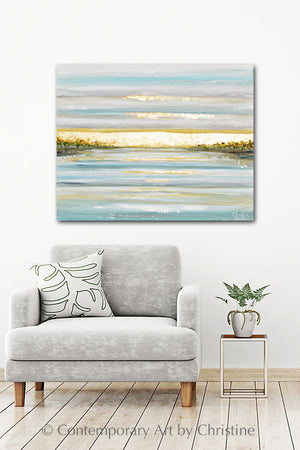 "Morning's First Light" GICLEE PRINT Art Coastal Abstract Painting Seascape Sunrise Ocean Lake Gold Leaf
