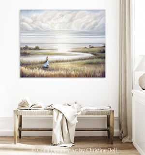 "In Her Own World" GICLÉE PRINT Landscape Oil Painting, Coastal Seascape Beach Figurative w/ Girl  30x24"