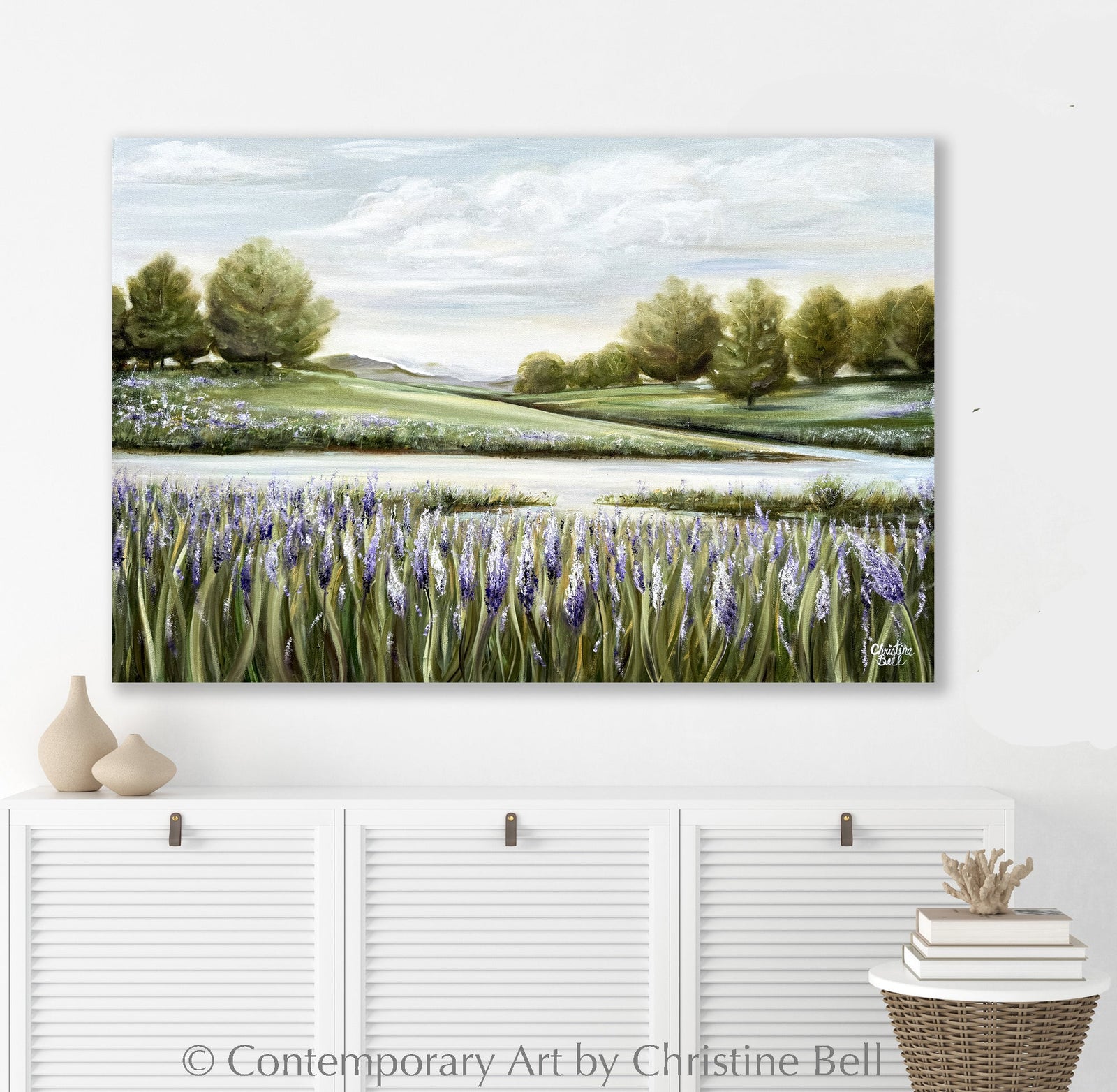"Beyond the Lupine Meadow" GICLEE PRINT Floral Landscape Painting, Lavender Flowers, River, Trees