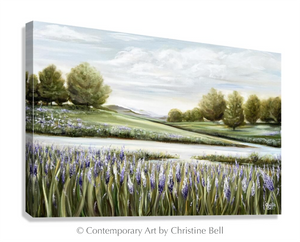 "Beyond the Lupine Meadow" GICLEE PRINT Floral Landscape Painting, Lavender Flowers, River, Trees