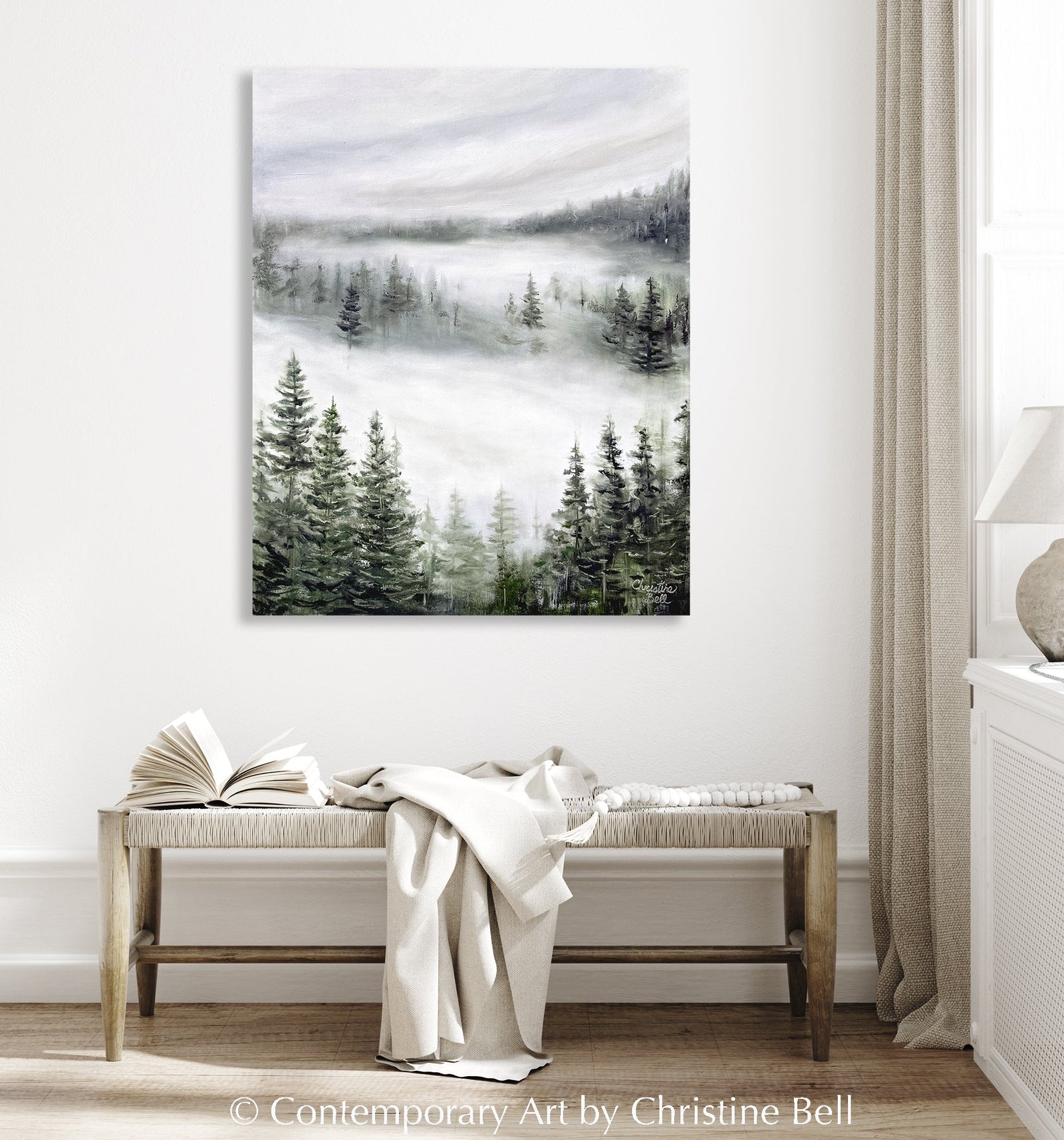 "Beyond the Mist" GICLÉE PRINT, Modern Misty Forest Landscape Painting, Pine Trees