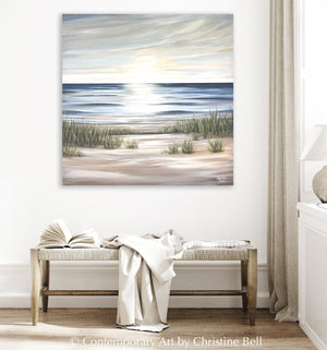 "Sunlit Sea" GICLÉE PRINT Coastal Ocean Beach Painting, Seascape, Landscape, Seagrass, Light Blue, Beige, White