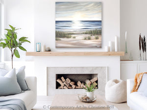"Sunlit Sea" GICLÉE PRINT Coastal Ocean Beach Painting, Seascape, Landscape, Seagrass, Light Blue, Beige, White