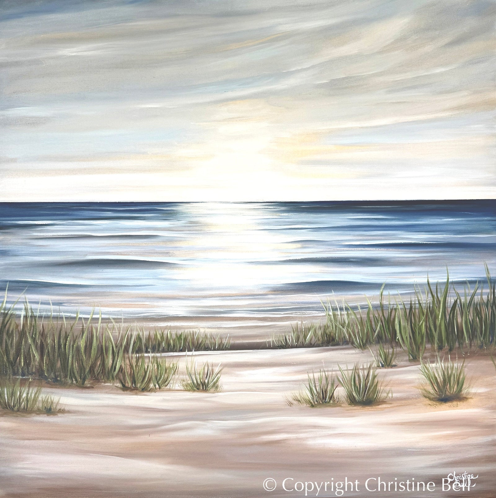 "Sunlit Sea" GICLÉE PRINT Coastal Ocean Beach Painting, Seascape, Landscape, Seagrass, Light Blue, Beige, White