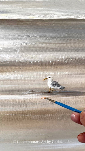 "Solo Reflections" GICLÉE PRINT Coastal Abstract Ocean Beach Painting, Neutral Seascape w/ Seagull