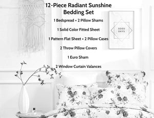 DaDa Bedding Bed in a Bag Bundle Set - Radiant Sunshine Yellow Hummingbirds Floral Bedding Set (JHW-925)