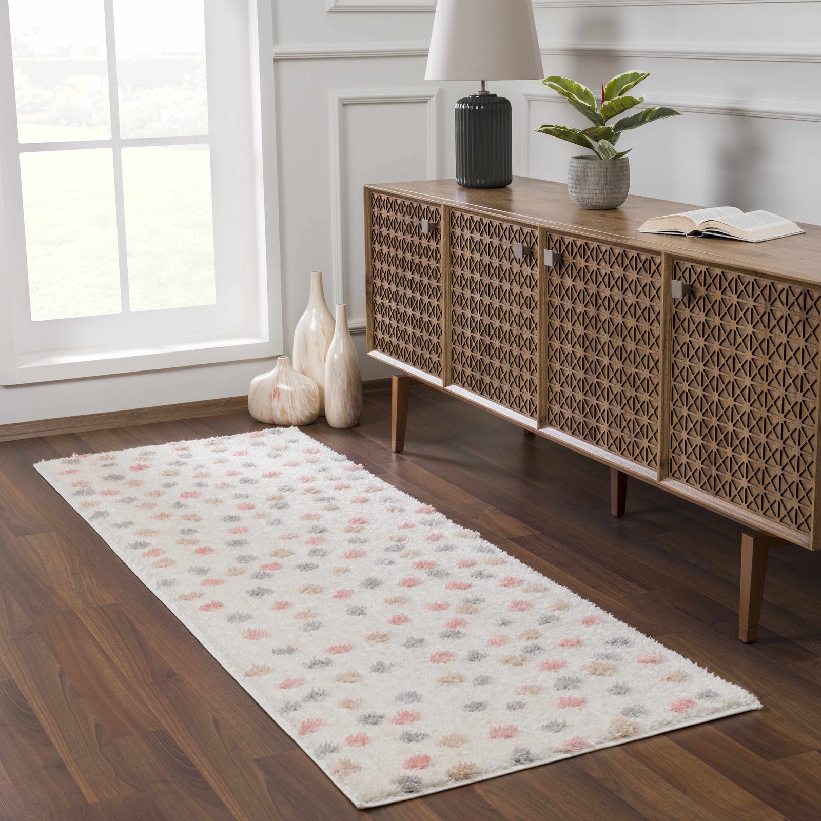 Cansu Pink & Cream Dotted Runner Rug