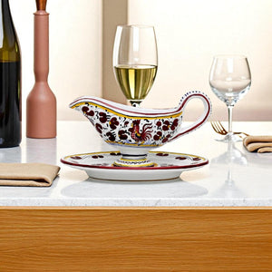 ORVIETO RED ROOSTER: Gravy Sauce Boat with Tray