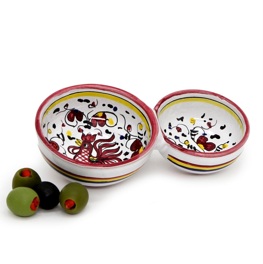 ORVIETO RED ROOSTER: Olive Dish Bowl - Relish and Condiments divided bowl