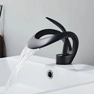The Elegant Versailles Single-Hole, Single-Handle Luxury Waterfall Bathroom Faucet in Matte Black Color.