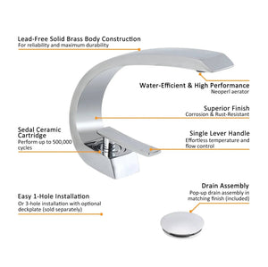 Chrome Bathroom Sink Faucet Single Handle Single Hole Lavatory Faucet with overflow pop up drain