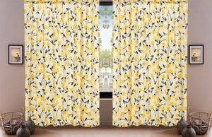 DaDa Bedding Set of 2 Botanical Floral Window Curtain Panels - Natural Semi Sheer Yellow Fleur Golden Orange Spring Time Tulips Straight Tailored Edge