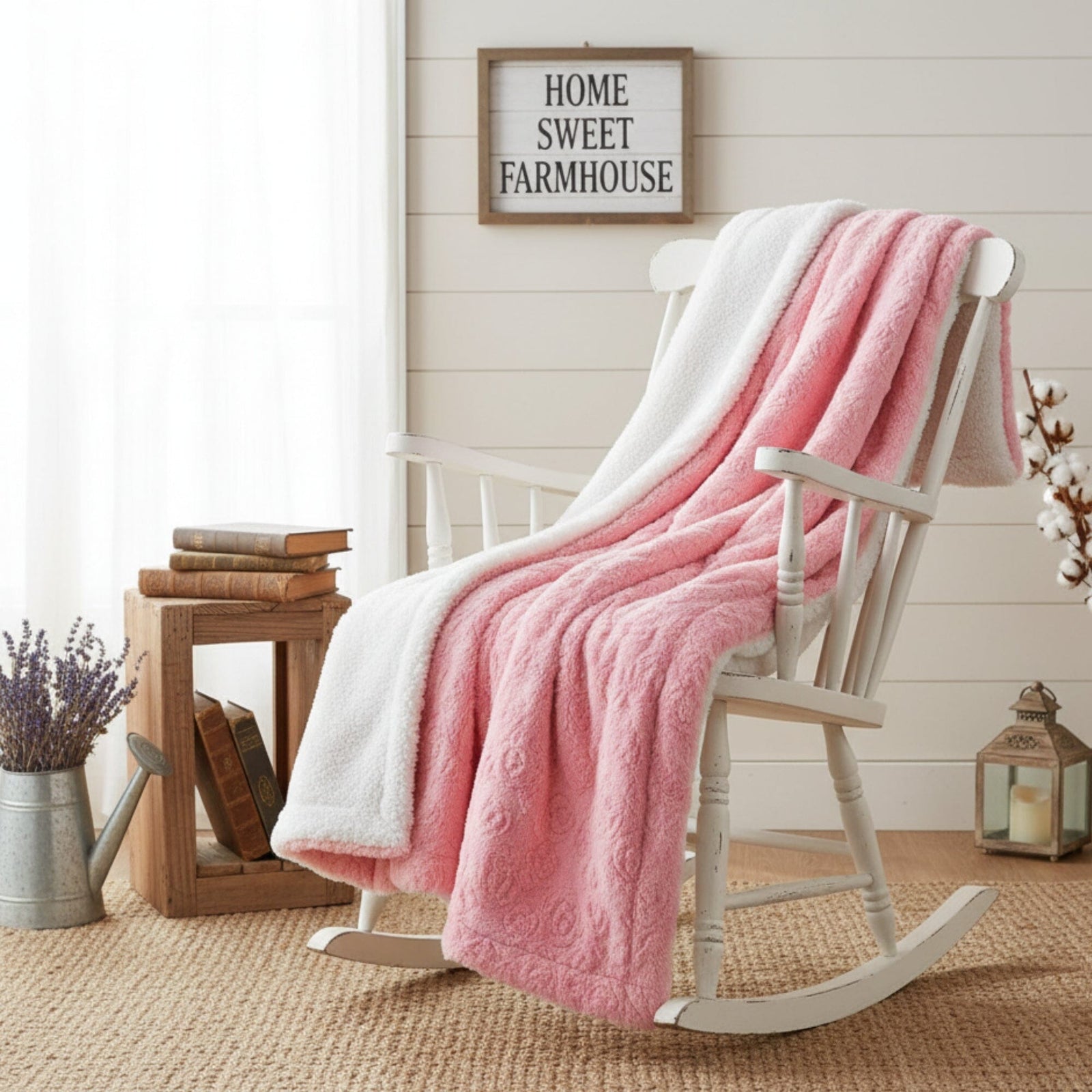DaDa Bedding Luxury Blossom Pink Rose Buds Pink Sherpa Backside Faux Fur Throw Blanket (BL-171752)