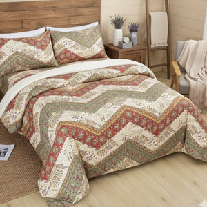 DaDa Bedding Botanical Cranberry Sage Chevron Floral Duvet Cover Set w/ Pillow Cases (JHW-924)
