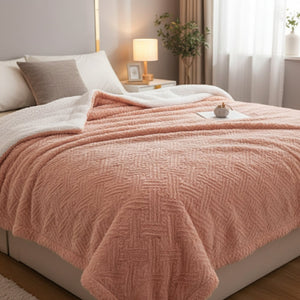 DaDa Bedding Coral Peach Rose Faux Fur Throw Blanket - Dreamy Geometric Embossed Sherpa Backside - Super Soft Warm Cozy Plush Fluffy