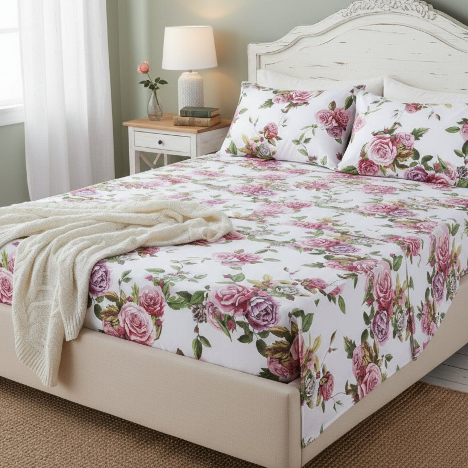 DaDa Bedding Romantic Roses Lovely Spring Pink Floral Garden Fitted & Flat Bed Sheet Set w/ Pillow Cases (JHW879)
