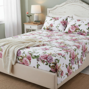 DaDa Bedding Romantic Roses Lovely Spring Pink Floral Garden Fitted & Flat Bed Sheet Set w/ Pillow Cases (JHW879)