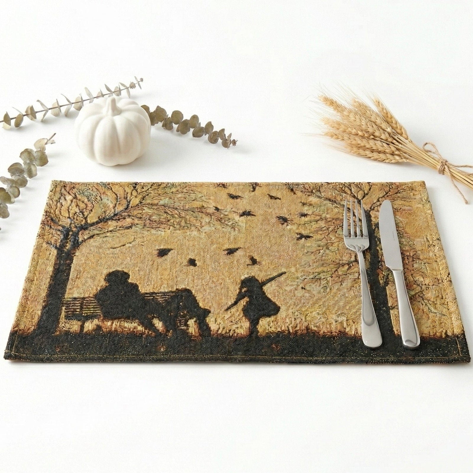 DaDalogy Bedding Set of 4 Pieces Autumn Birds Blessing Tapestry Dining Placemats 13” x 19” (Thanksgiving)