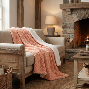 DaDa Bedding Coral Peach Rose Faux Fur Throw Blanket - Dreamy Geometric Embossed Sherpa Backside - Super Soft Warm Cozy Plush Fluffy