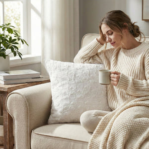 DaDa Bedding Luxury White Roses Swirls Faux Fur Euro Cushion Throw Pillow Cover (K11)