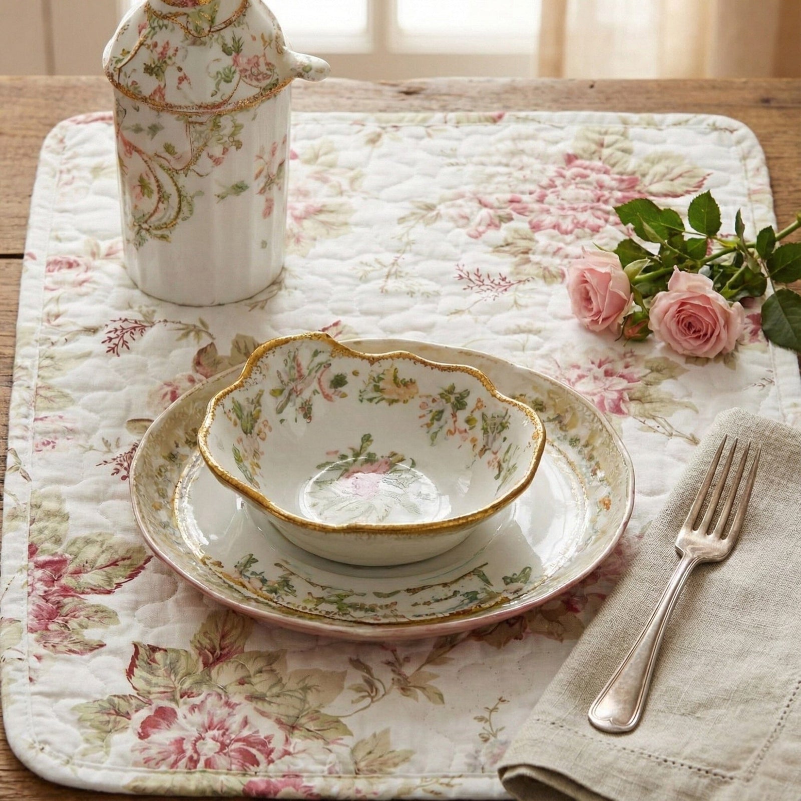 DaDa Bedding Set of 4-Pieces Dainty Cottage Floral Roses Quilted Cotton Dining Table Placemats 13” x 19” (3036)