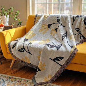 DaDa Bedding Yellow Fleur Botanical Sunshine Golden Floral Woven Tapestry Throw Blanket - 50” x 60” (18112)