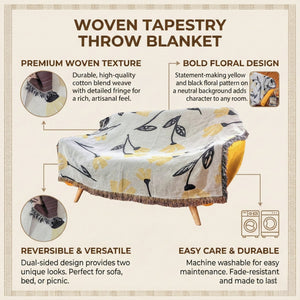 DaDa Bedding Yellow Fleur Botanical Sunshine Golden Floral Woven Tapestry Throw Blanket - 50” x 60” (18112)