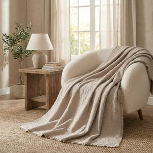DaDa Bedding Elegant Fringed Cotton Quilted Throw Blanket - Luxurious Solid Soft Paisley Pattern, Cozy Lightweight Lap Throw, Perfect for Couch or Bed, Neutral Sandy Taupe Tan Beige, 50x60 Inches