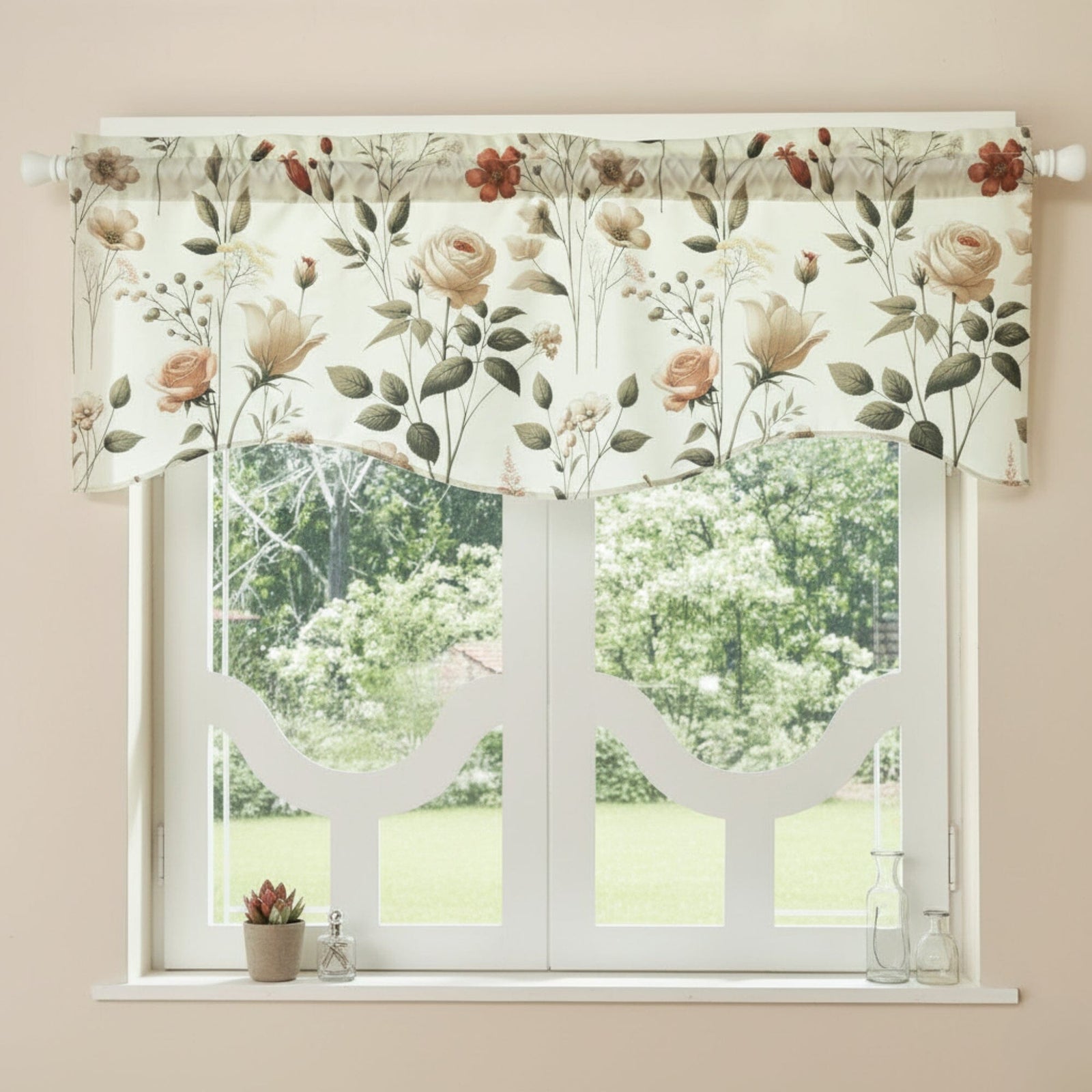 DaDa Bedding Collection Enchanted Meadow Semi-Sheer Valance - Floral Elegance in Beige, Rose, and Soft Green, Light Filtering See Through Microfiber, Rod Pocket Design, 18x52 Inches