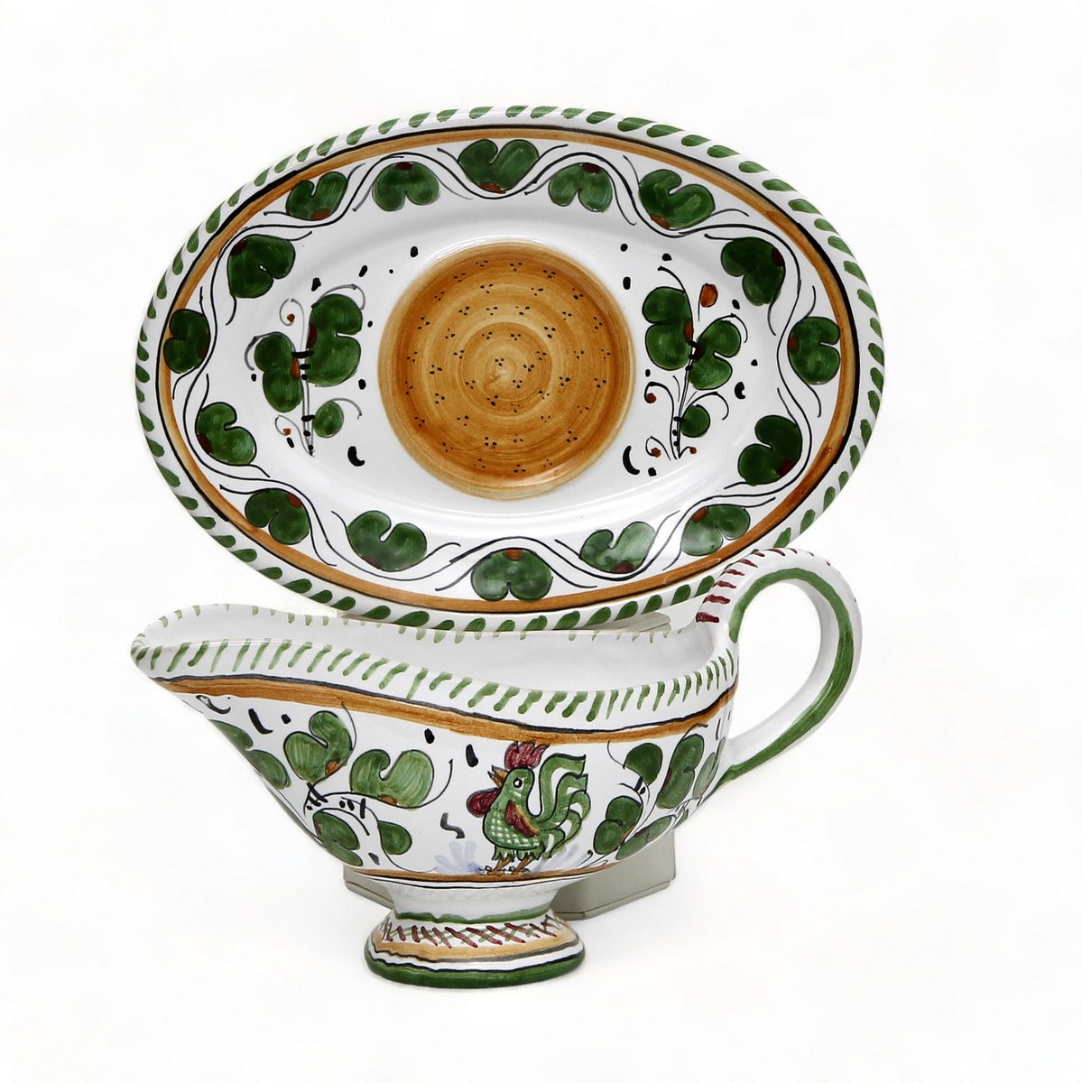 ORVIETO VERDE ROOSTER: Gravy Sauce Boat with Tray (Carbone Privato)