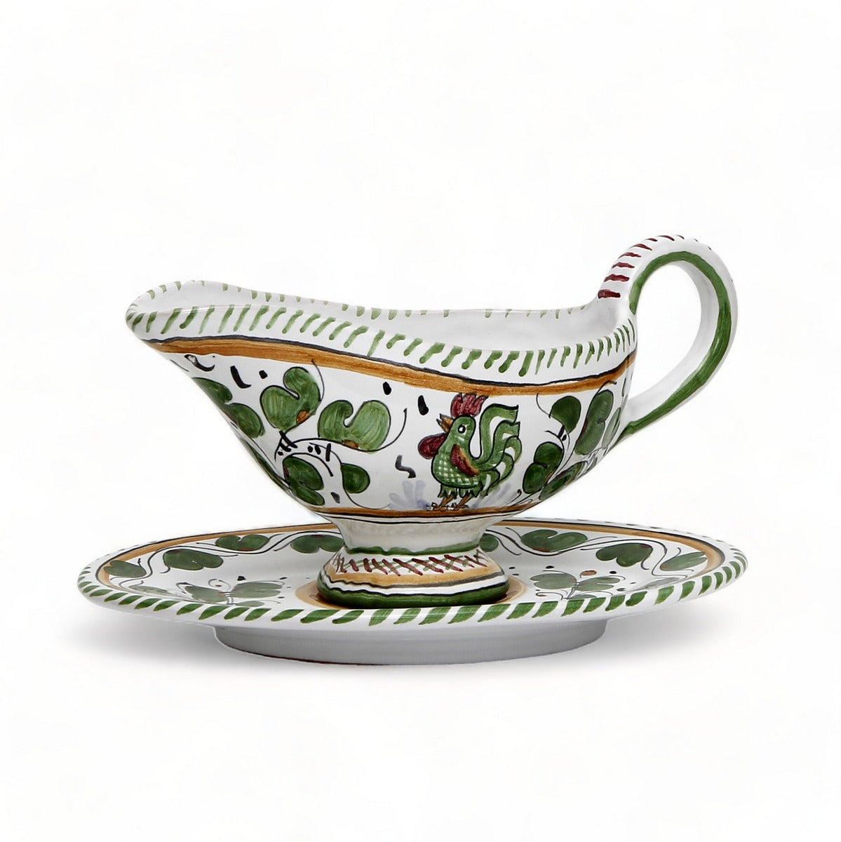 ORVIETO VERDE ROOSTER: Gravy Sauce Boat with Tray (Carbone Privato)