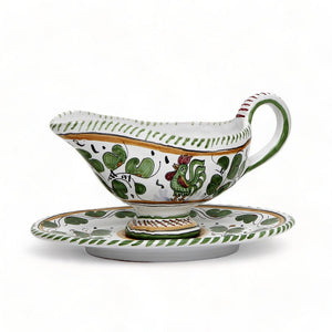 ORVIETO VERDE ROOSTER: Gravy Sauce Boat with Tray (Carbone Privato)