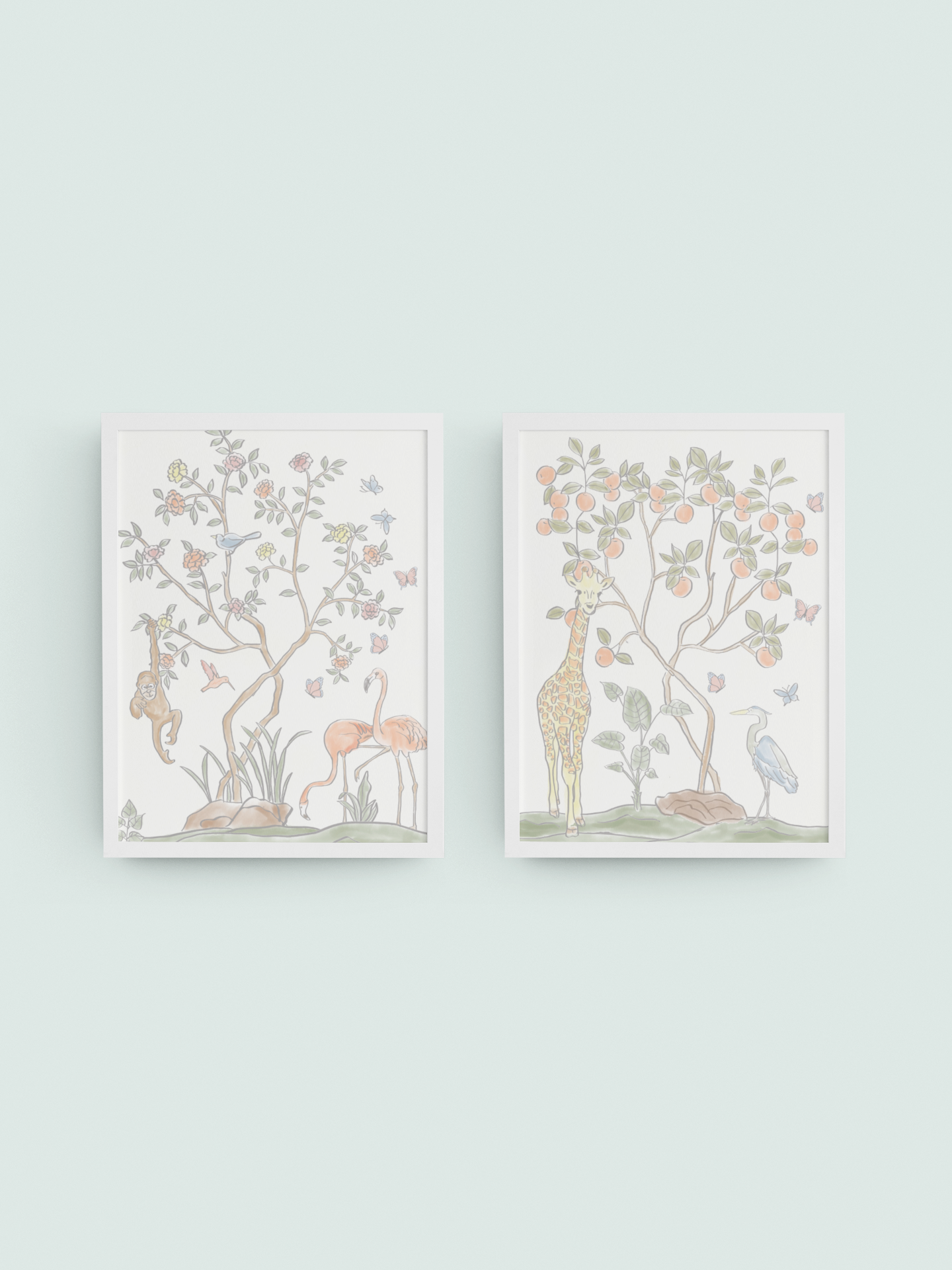 Watercolor Zoo Chinoiserie Art Prints (set of 2)