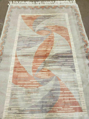 3' X 5' Handmade Modern Chinese Accent Rug - Silk on Cotton Carpet - Abstract Contemporary Design - Beige and Orange