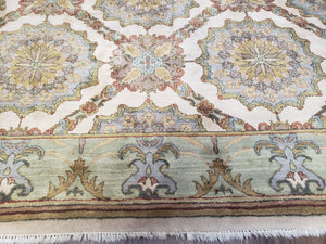 Indo Sultanabad Area Rug 8 x 9.5, Wool Hand-Knotted Ivory Green Teal Decorative Rug, Floral Panel Carpet, Indian Rug, 8 x 10 Bedroom Rug