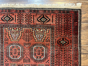 Antique Persian Turkoman Rug 3x6, Wool Tribal Handmade Carpet, Red and Black