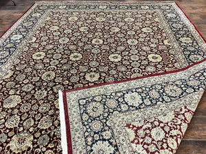 Sino Persian Rug 9x12, Floral Allover Pattern, Wool Vintage Carpet, Dark Maroon Red, 9 x 12 Traditional Room Sized Rug, Finely Hand Knotted