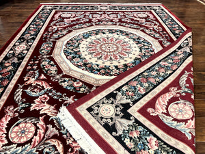 Chinese Aubusson Rug 9x12, Burgundy, Handmade Vintage Wool Carpet, Fine 210 KPSI, Elegant European Design