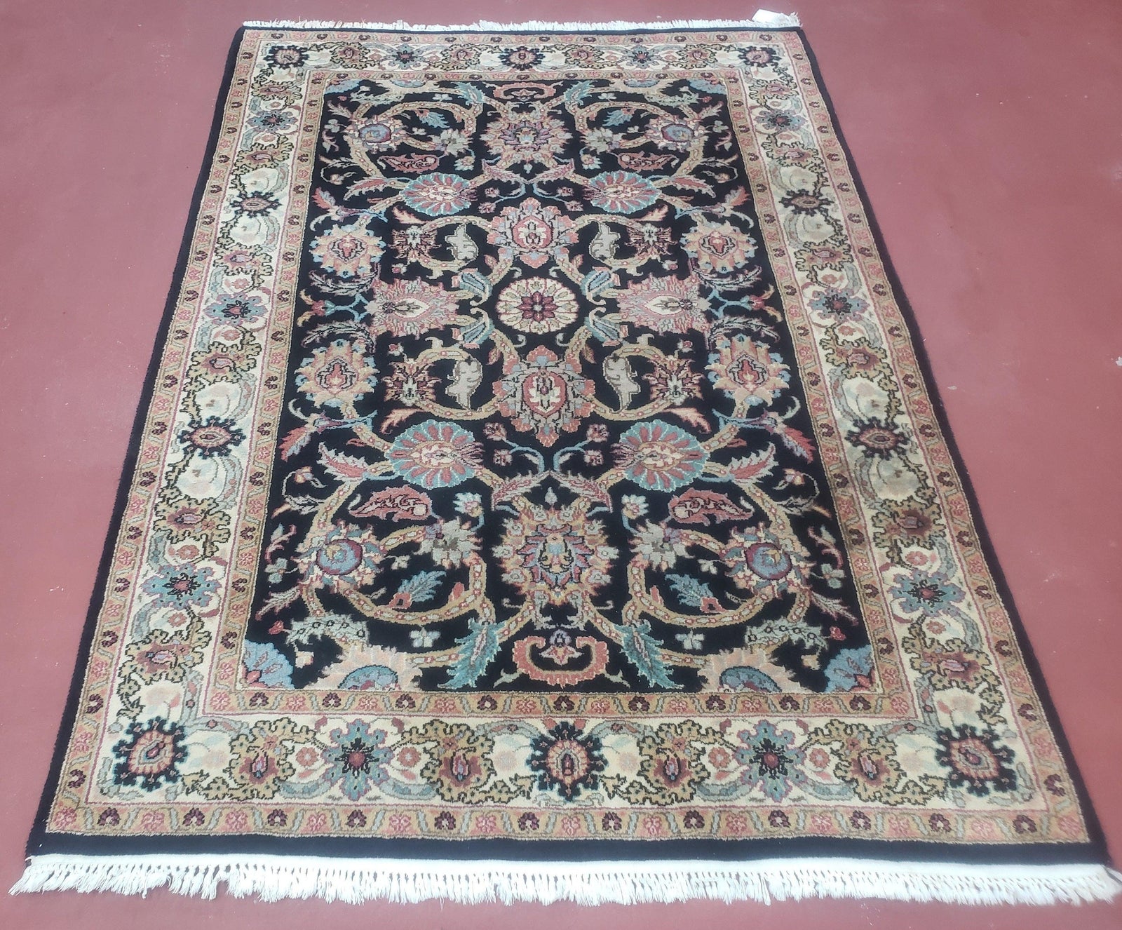Vintage Indo Persian Mahal Area Rug 4x6, Wool Hand-Knotted Midnight Blue & Ivory Floral Design Indian Carpet, 4 x 6 Traditional Oriental Rug