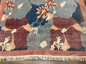 Modern Tibetan Rug 5.7 x 7.9, Abstract Multicolor Flower Pattern, Navy Blue Maroon Salmon, Soft Wool, Hand Knotted Contemporary Carpet 6x8