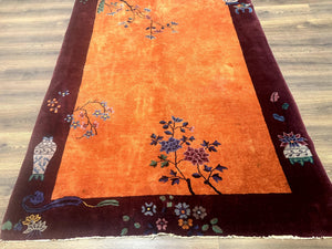 Chinese Art Deco Rug 5x8, Antique Chinese Wool Rug, Nichols Rug, Rare Chinese Carpet, Orange and Purple-Maroon