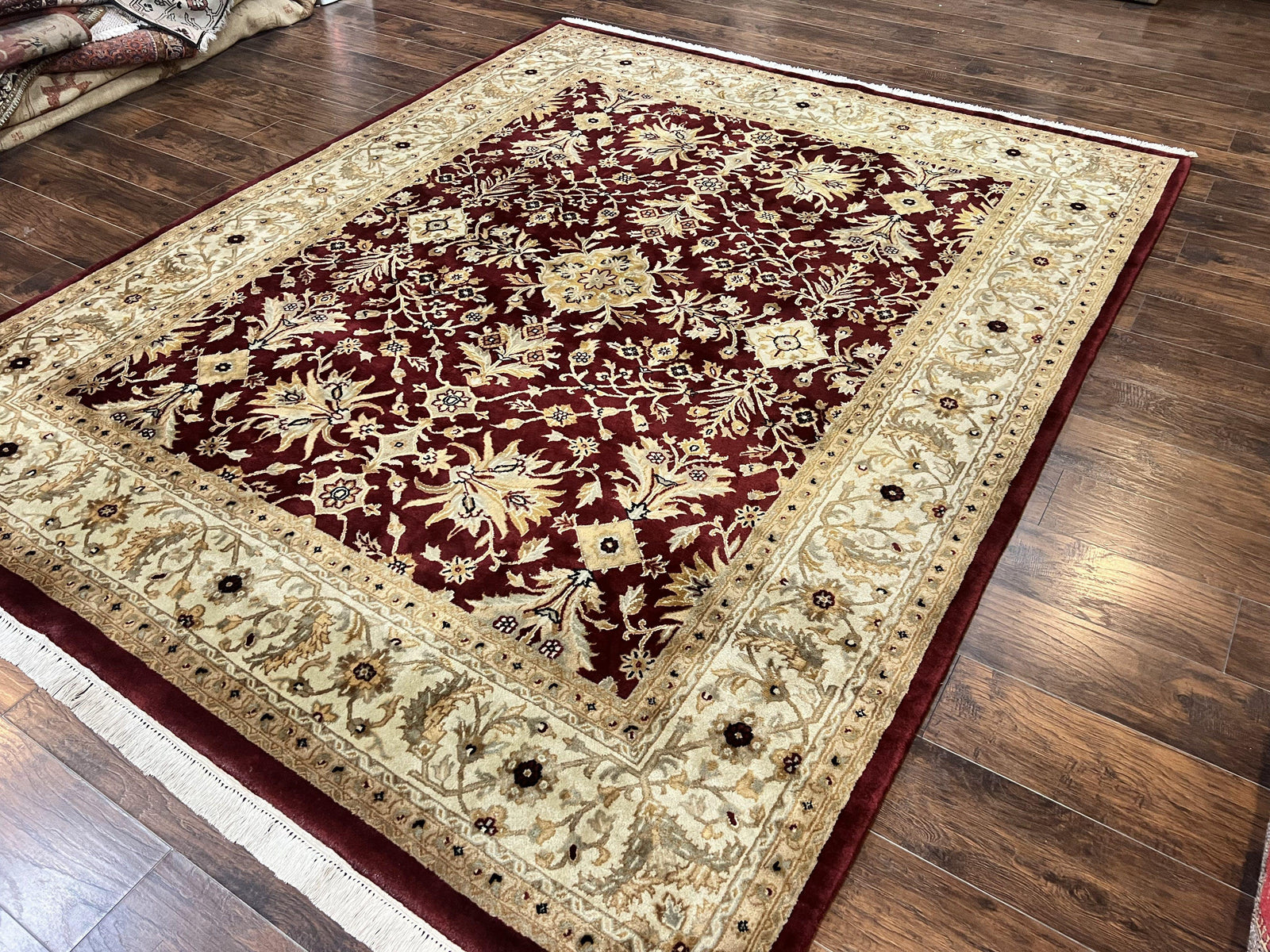 Vintage Indo Mahal Rug 8x10, Hand Knotted Wool Maroon & Beige Indian Agra Oriental Carpet, 8x10 ft Traditional Handmade Area Rug, Room Sized