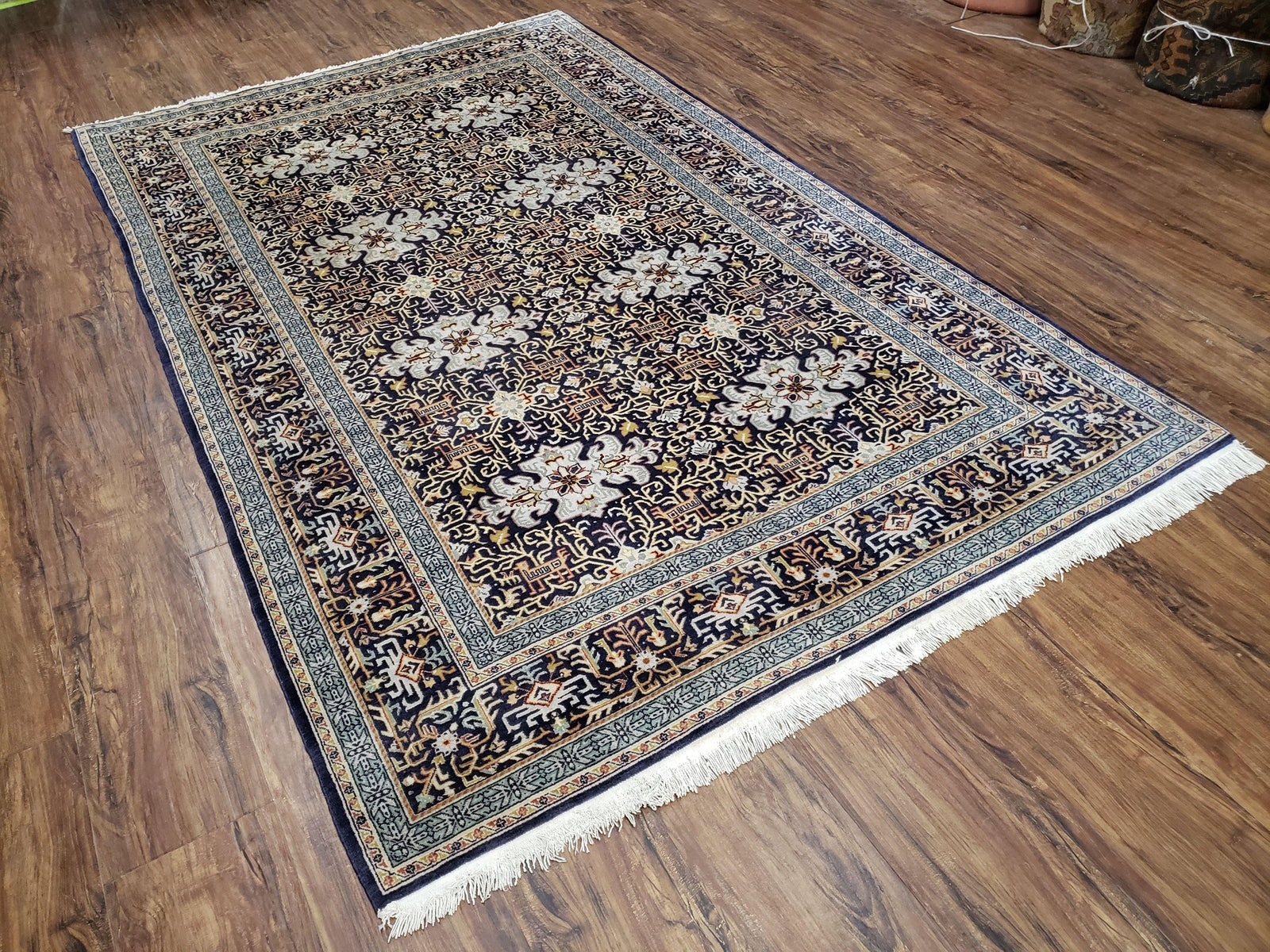 Persian Kashan Rug, Navy Blue, Hand-Knotted, Wool, 4' 8" x 7' 4", Pair A