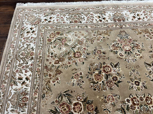 Sino Persian Rug 8x10, Soft Wool, Silk Highlights, Hand Knotted Vintage Carpet, Taupe & Ivory, Floral, Traditional Rug 8 x 10
