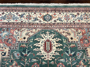 Indo Heriz Rug 9x12, Geometric Oriental Carpet, Room Sized Wool Handmade Hand Knotted Vintage Green and Cream Area Rug, Indian Rug 9 x 12