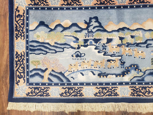Vintage Chinese Pictorial Rug 2'4" x 4' 7", Chinese Village, Wool Hand-Knotted Blue & Teal Fine Carpet, Tapestry Rug, Woven Wall Art